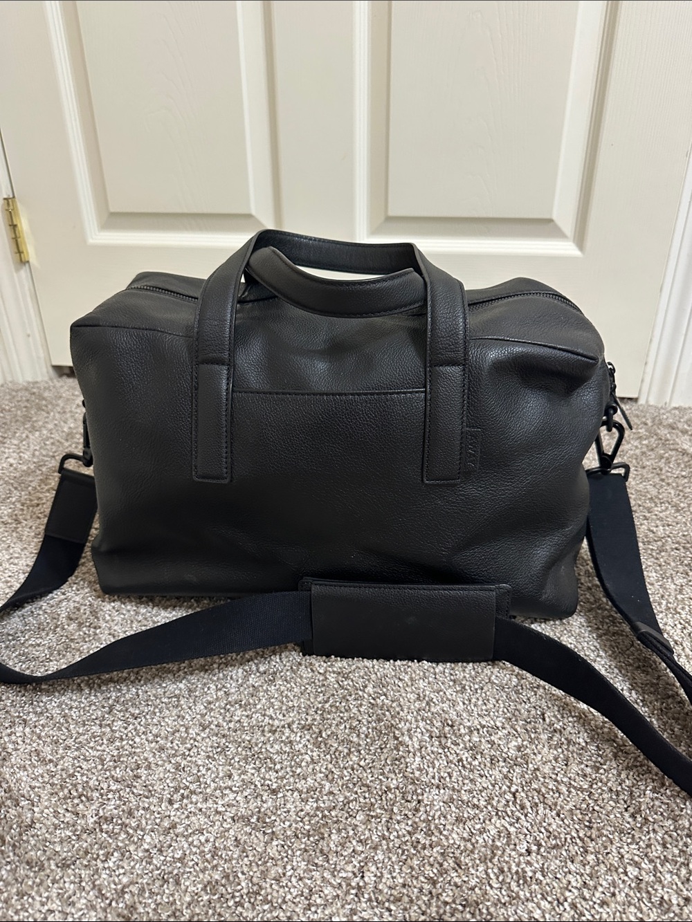Away Everywhere Black Leather Duffel with Shoulder Strap and Luggage Holder